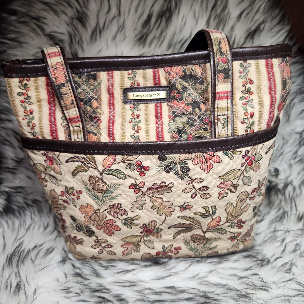Longaberger Striped and Floral Tote - Cream and Brown